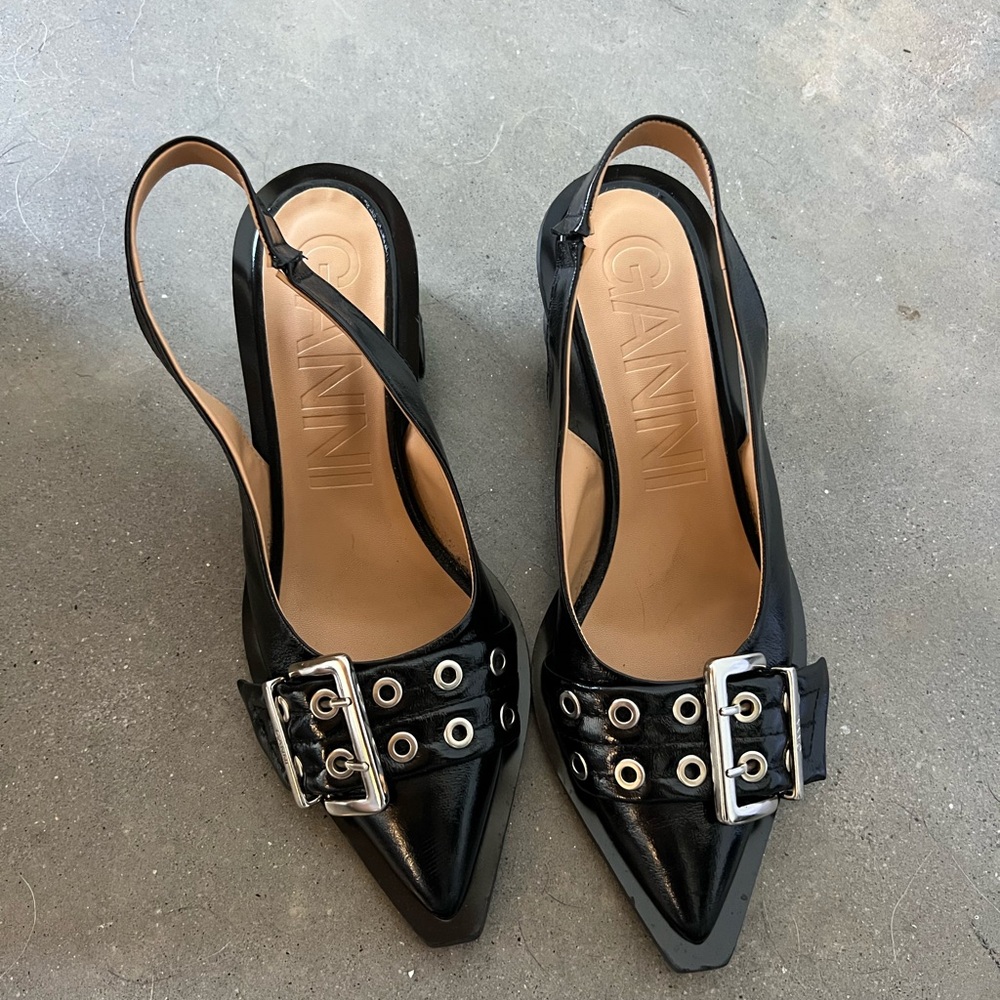 Ganni Black Slingback Pointed Toe Heels with Buckle